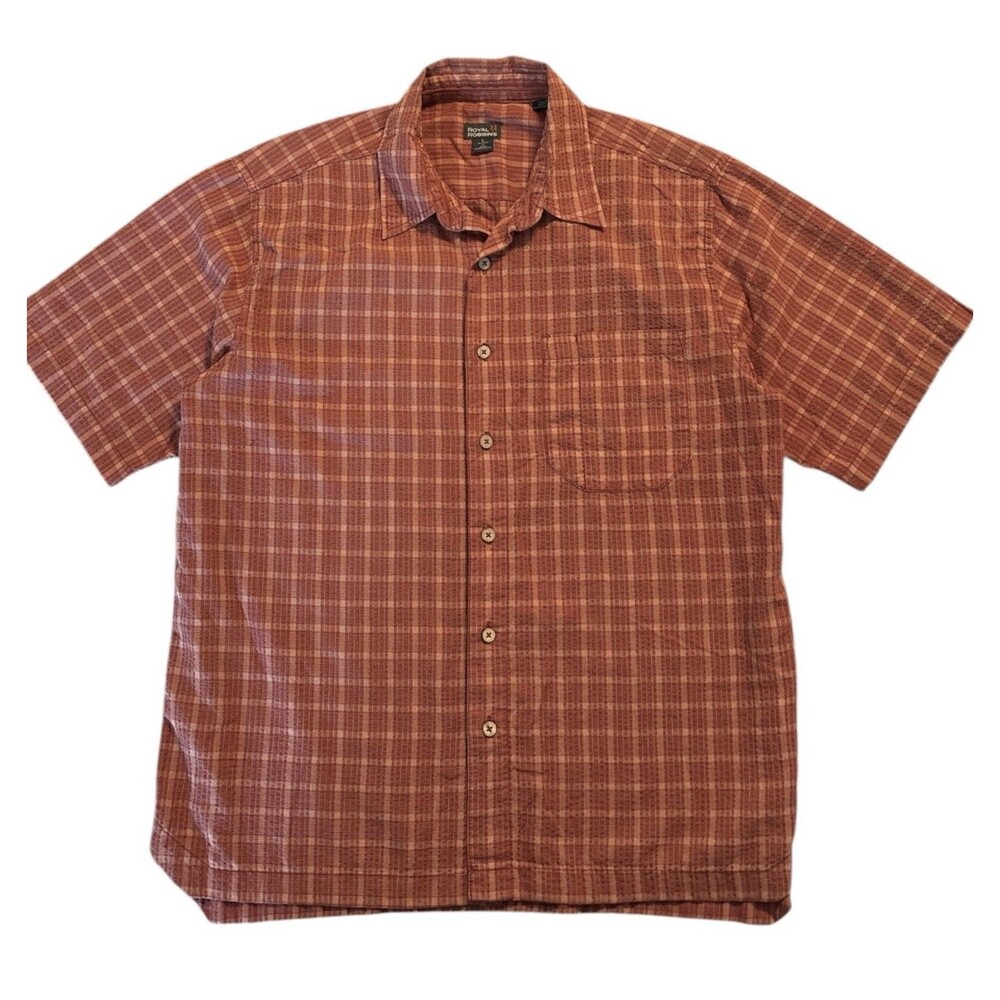 Royal Robbins L Red Plaid Shirt Relaxed Fit Short Sleeve Seersucker Large